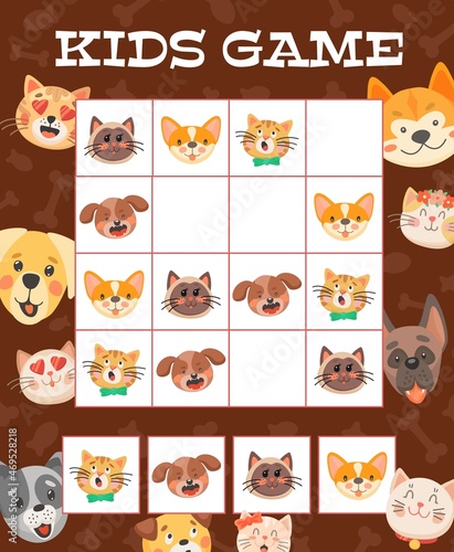 Cartoon funny puppies and dogs, kids sudoku riddle game or vector tabletop puzzle. Sudoku board game or child logic puzzle with funny pets, cute dogs, cats and kittens with heart eyes