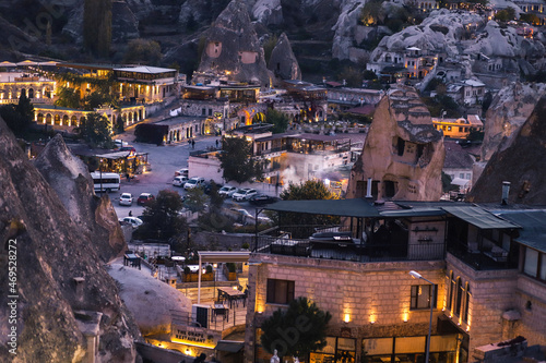 beautiful view of the city in the mountains of Cappadocia at sunset