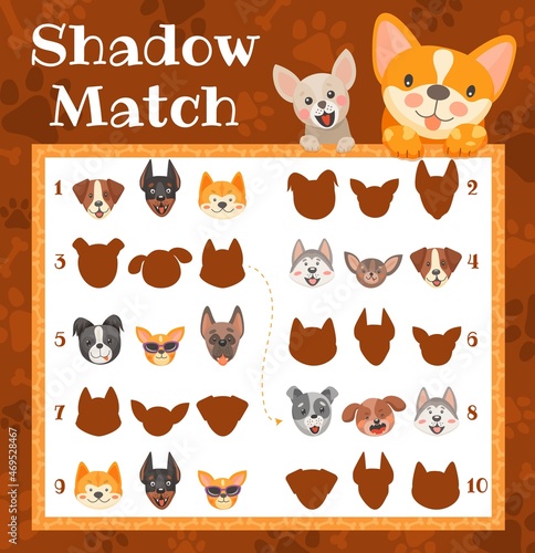 Shadow match game with cartoon puppies and dogs. Kids education riddle game. Find a suitable silhouette of cute animals. Vector boardgame for children logic activity, worksheet for mind development