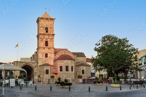 Morning in Larnaca Cyprus city center. Central square with Church of Saint Lazarus