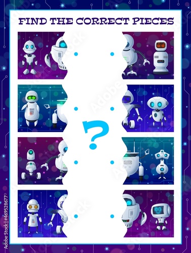 Find a piece of robot kids riddle game. Match the correct halves vector test with cartoon cyborgs, androids or ai bots. Riddle for children logic activity, educational task, mind development worksheet