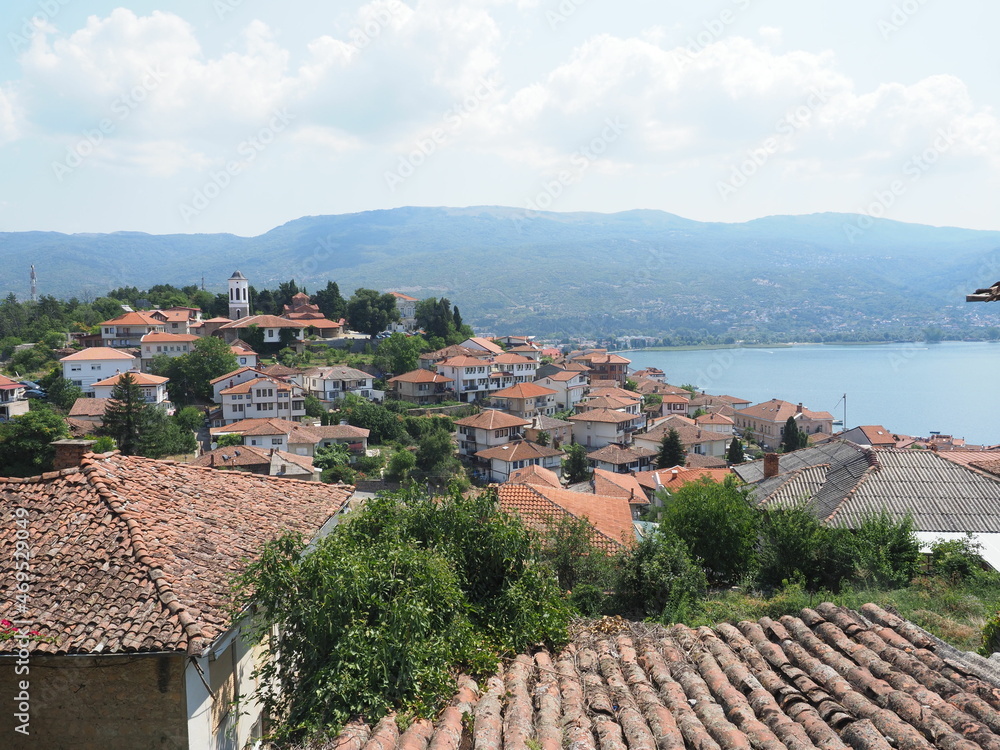Overlooking view of Lake Ohrid, mountains and the city of  Ohrid, North Macedonia