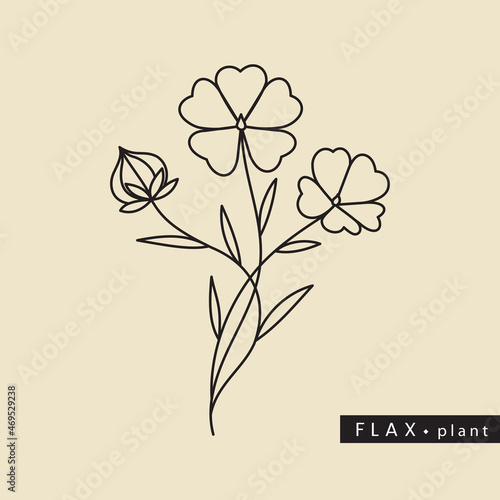 Vector illustration of cultivated dry flax plant with seeds in outline style isolated on green background. Flax seed drawing for emblem, logo, icon, print for medicine, textile and culinary sphere.