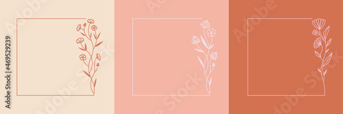 Vector illustration of cultivated flax plant with seeds exotic flower with leaves in outline style. Botanic floral elegant square frame set or collection.