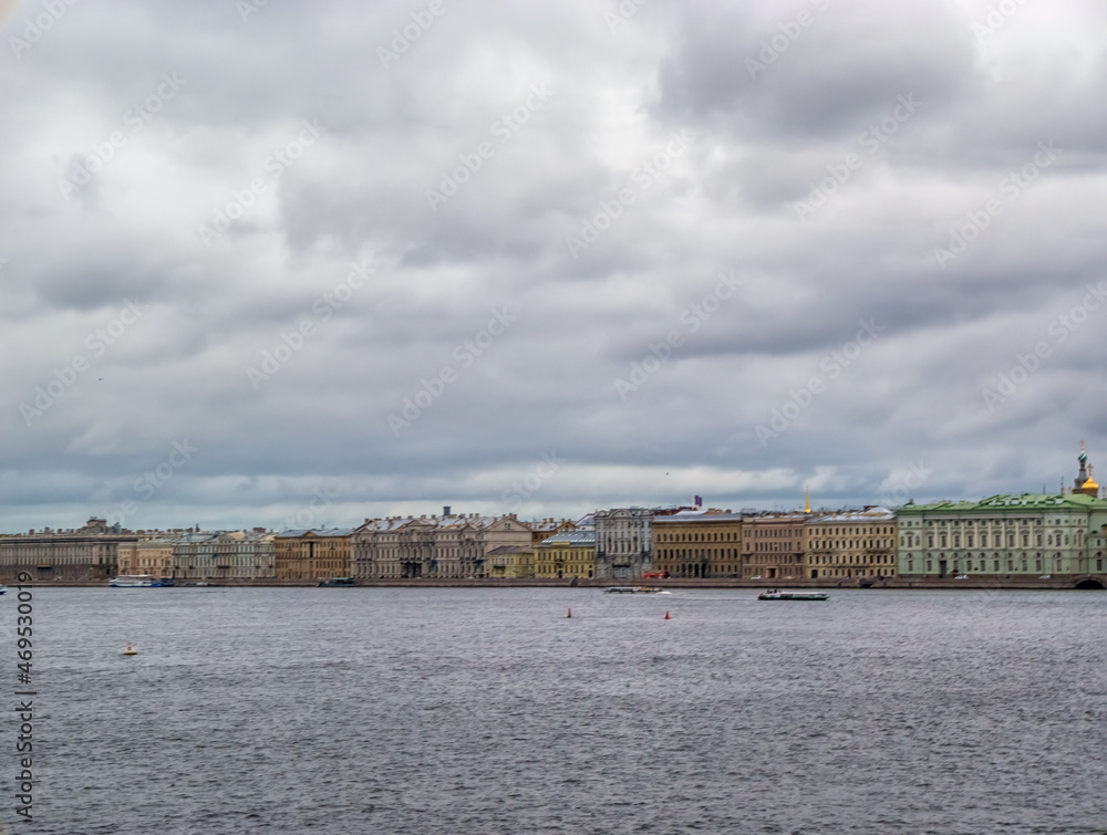 The outstanding architecture of Saint Petersburg. Baroque and neoclassical buildings of the city on the bank of the river Neva