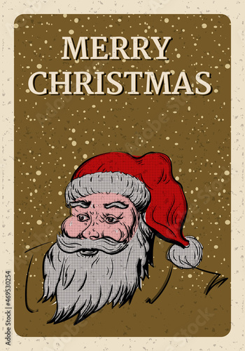 Merry Christmas poster, portrait Santa Claus, retro invitation. Vector illustration vintage