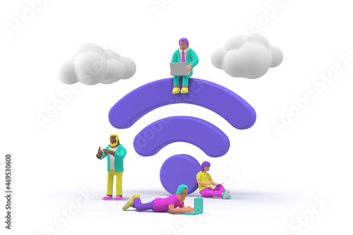 Fotografia 3D People Surfing Internet near WiFi symbol rendering