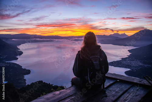 Sunrise over Lake Atitlan and Fuego  volcano  Lago Atitlan  Guatemala