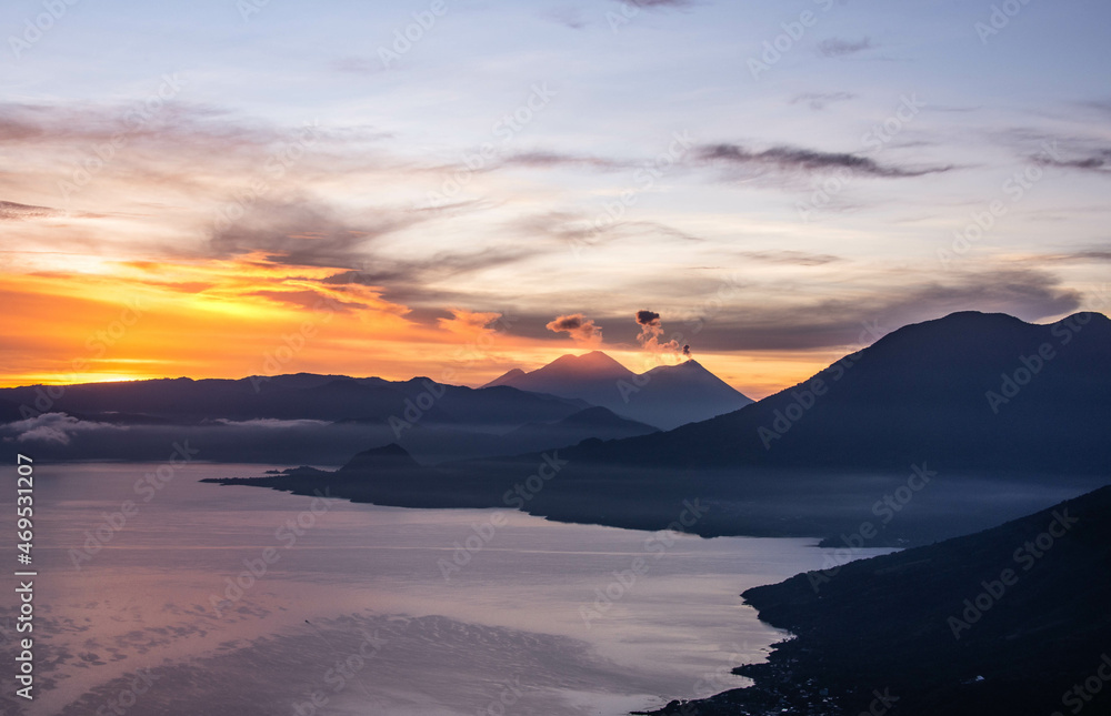 Sunrise over Lake Atitlan and Fuego, volcano, Lago Atitlan, Guatemala