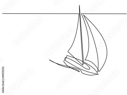 Sailboat under full sail at sea. Sailing logo. Continuous one line drawing.