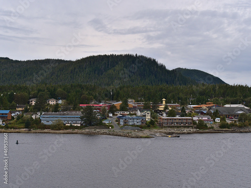 View of small remote village Bella Bella, part of Indian Reservation of Heiltsuk First Nation, on Campbell Island on the Lama Passage, BC, Canada.