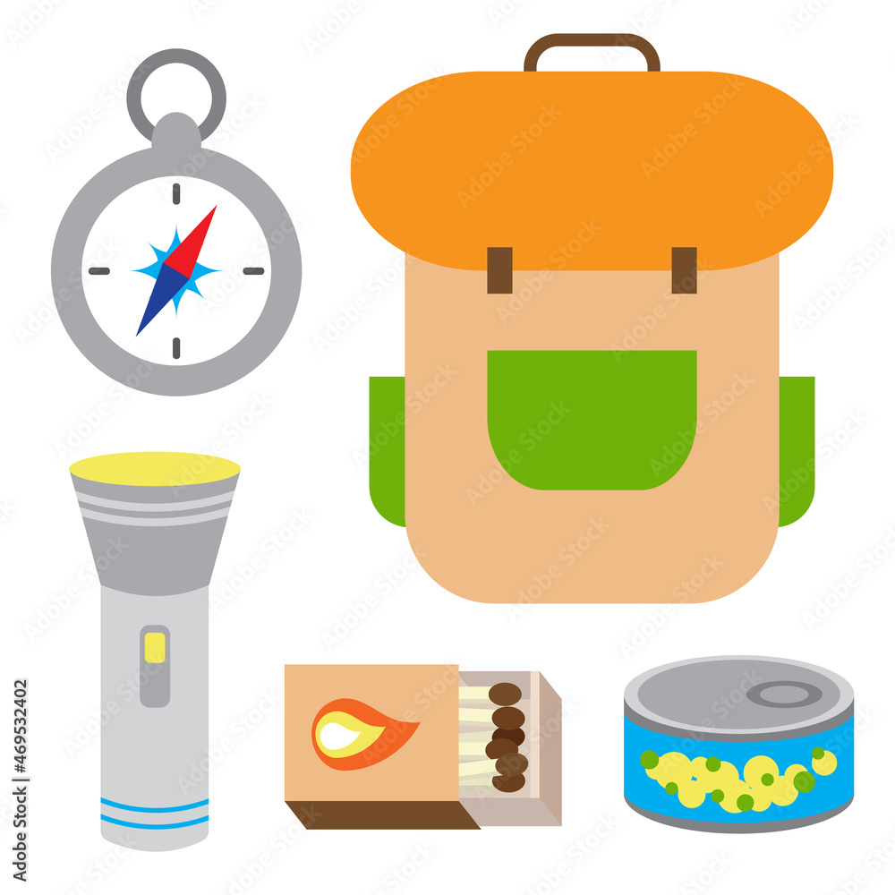Fototapeta premium Set of touristic and camping equipment. Compass, backpack, flashlight, matches box and canned food. Things for active vacations. Luggage icons for travel, journey and hike. 