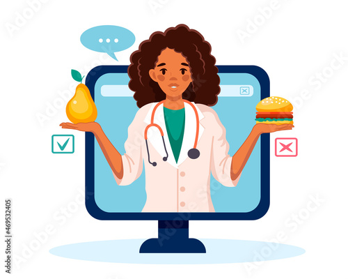 A female nutritionist on the monitor screen. Nutrition seminar