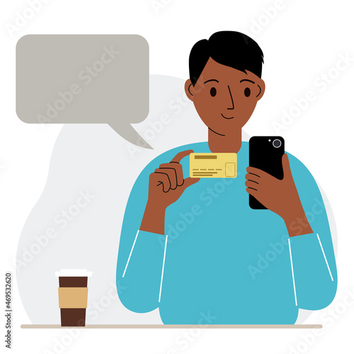 A man with a mobile phone in her hand holds a bank card. Concept credit, deposit, payment, debit online. Vector