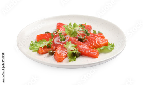 Salmon carpaccio with capers, lettuce, microgreens and onion isolated on white