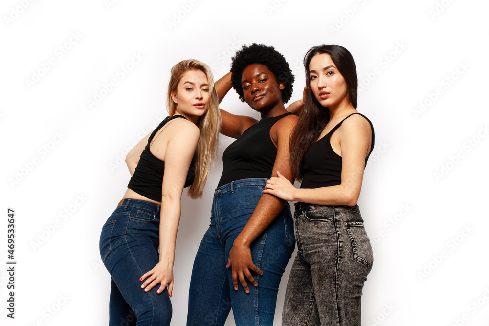 Fototapeta premium diverse multi nation girls group, teenage friends company cheerful having fun, happy smiling, cute posing isolated on white background, lifestyle people concept, african-american, asian and caucasian