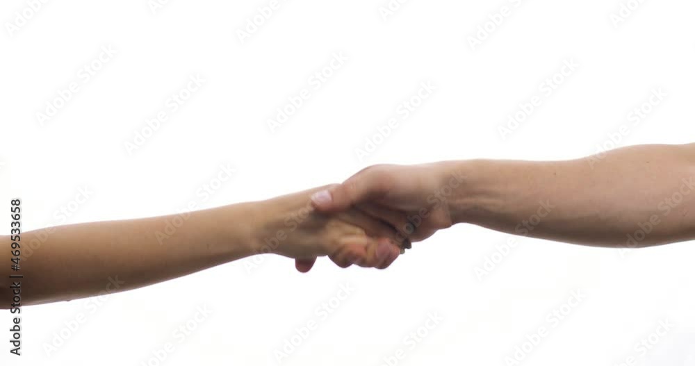 Close-up of handshake of caucasian man and woman on white background, isolated. Woman's and man's naked hands greeting. Gestures, symbols and signs. Close-up of handshake of caucasian man and woman on white background, isolated. Woman's and man's naked hands greeting. Gestures, symbols and signs.
