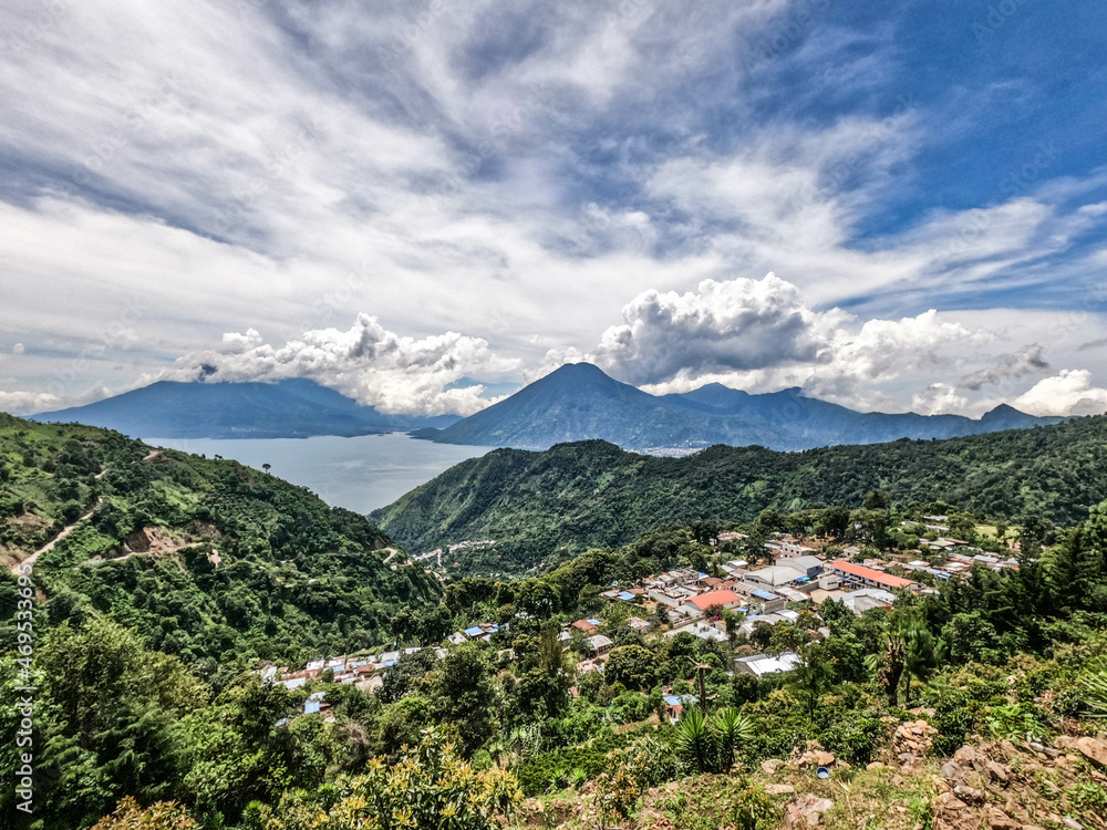 The stunning view above the magnificent Lake Atitlan in the Guatemalan highlands, Solola, Guatemala