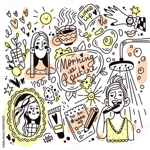 Morning routine colorful elements in doodle comic book style isolated on white background.