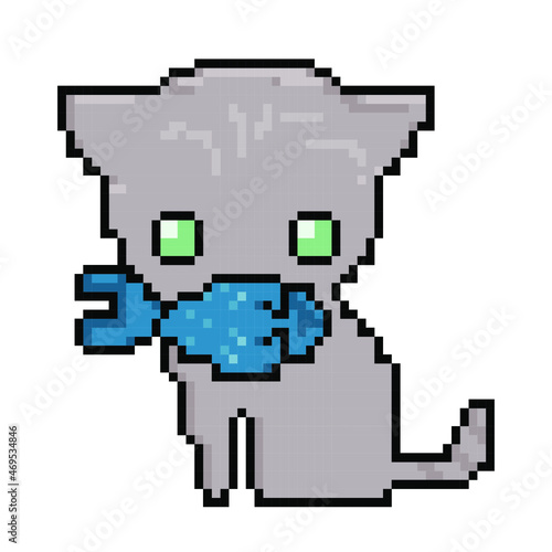 Cute kitten eating fish, pixel graphics - isolated vector illustration.