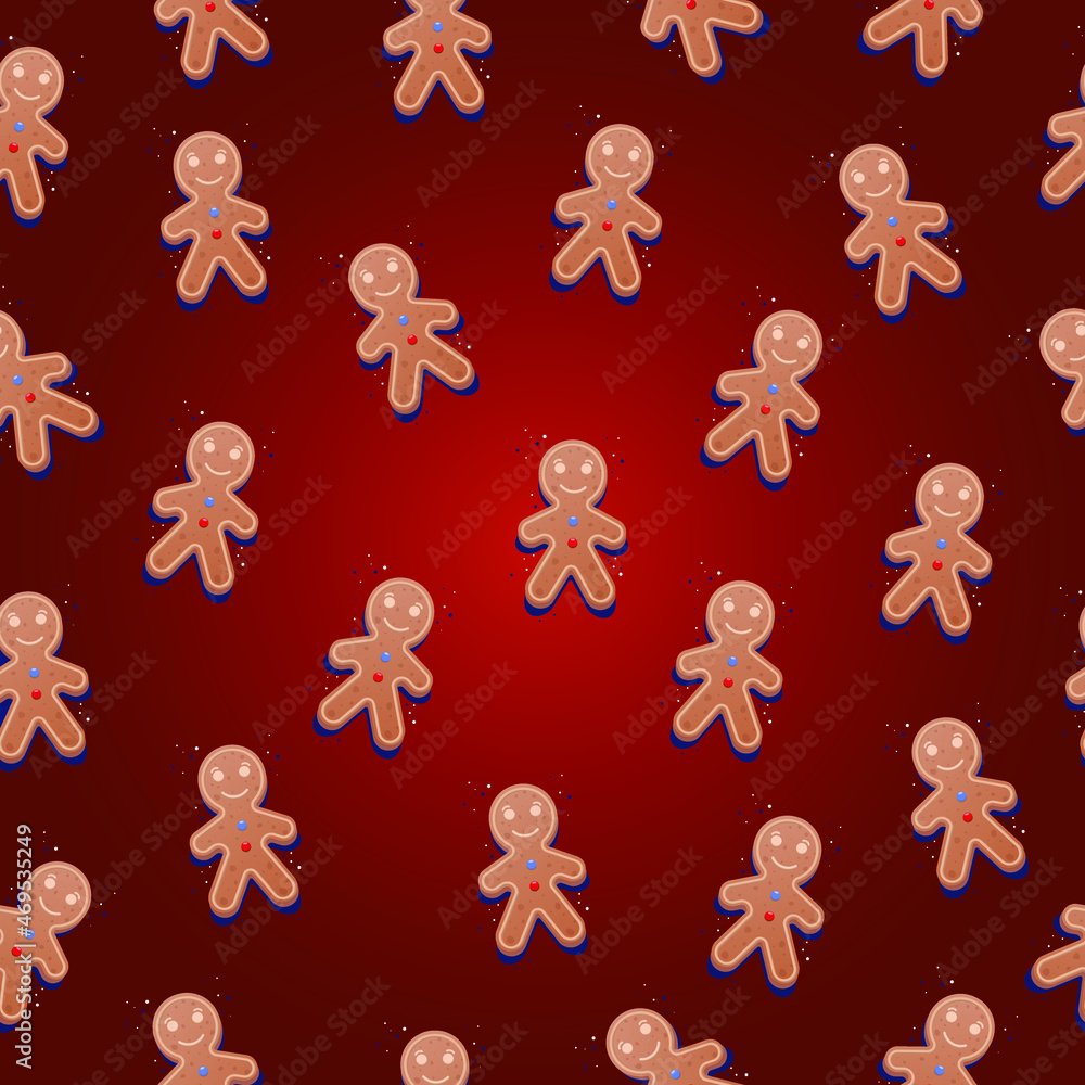 Seamless gingerbread cookies on a red background with snow. Christmas pattern Seamless gingerbread cookies on a red background with snow. Christmas pattern