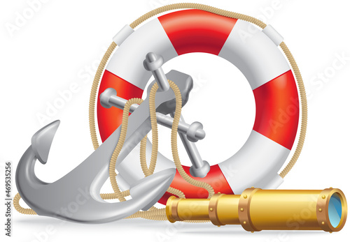 Sea adventures and tourism objects set. Marine cruise, ocean journey and sea travelling lifebuoy, spyglass, ship anchor. Essential technologies for any ship travel boat control, nautical tourism