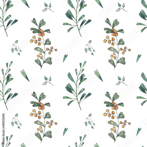 Watercolor seamless pattern with decorative heart flowers and heart plants. Ornamental elements are hand-drawn and stylized as hearts. For background, wrapping paper, scrapbooking, wallpaper and texti