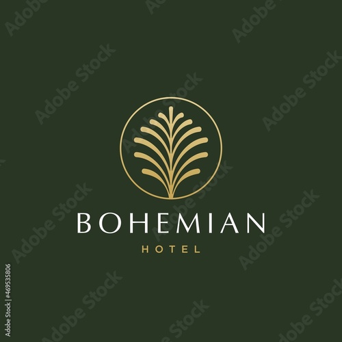palm tree golden logo, coconut leaf logo vector icon illustration in Geometric minimal line style for holiday hotel vacation business
