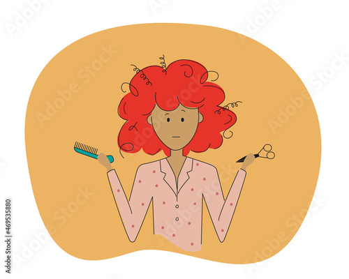 Illustration of a girl with unruly hair. Haircut or combing.