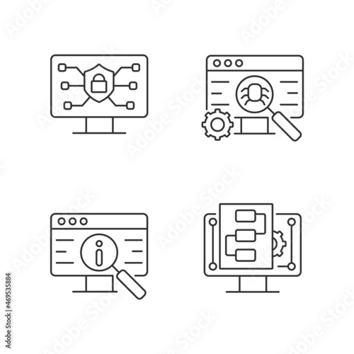 Use of digital technologies linear icons set. Staying safe online. Software testing. Product promotion. Customizable thin line contour symbols. Isolated vector outline illustrations. Editable stroke