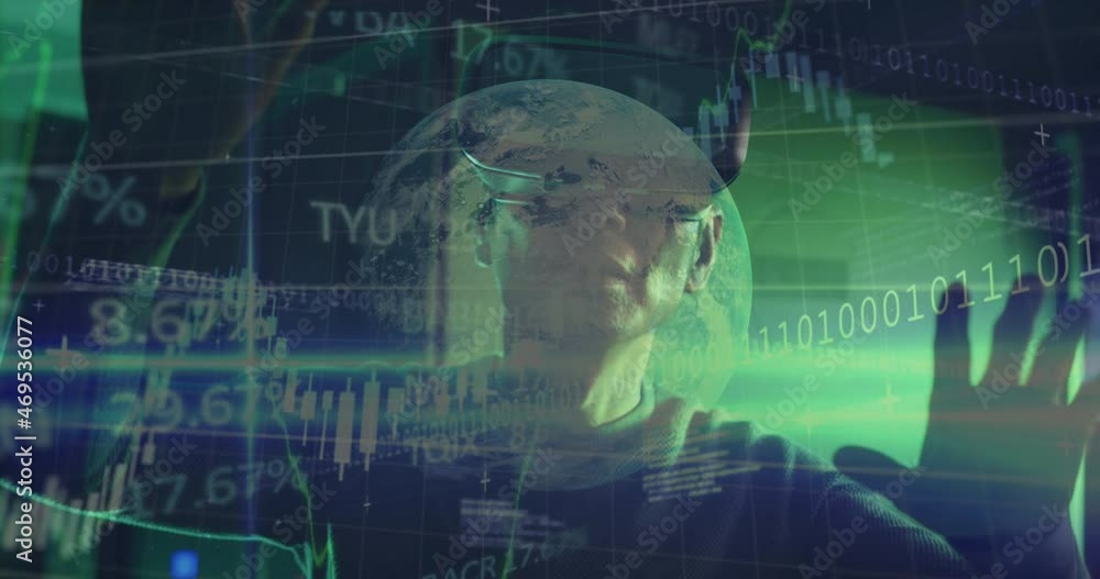 Animation of data over asian male it engineer with vr headset by computer server Animation of data over asian male it engineer with vr headset by computer server