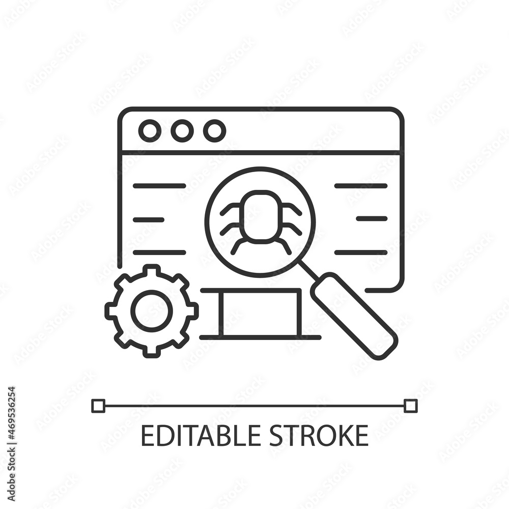 Software testing linear icon. Improving performance. Preventing implementation bugs. Thin line customizable illustration. Contour symbol. Vector isolated outline drawing. Editable stroke Software testing linear icon. Improving performance. Preventing implementation bugs. Thin line customizable illustration. Contour symbol. Vector isolated outline drawing. Editable stroke
