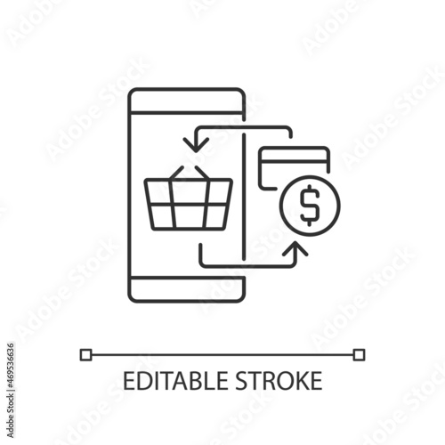 Digital transacting linear icon. E-commerce payment system. Paying for goods with credit card. Thin line customizable illustration. Contour symbol. Vector isolated outline drawing. Editable stroke