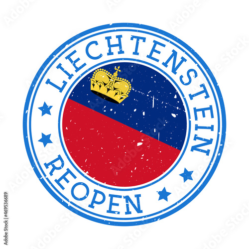 Liechtenstein reopening stamp. Round badge of country with flag of Liechtenstein. Reopening after lock-down sign. Vector illustration.