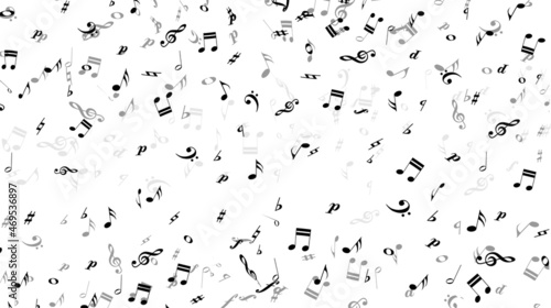 Flying music notes and symbols design. Banner for sound, song, presentation, audio. Vector illustration.