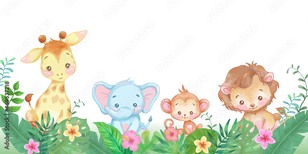 Naklejka premium Cute animals in a Jungle with vector design. Watercolor illustration.