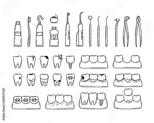Set in doodle style of dental tools and teeth problems. Caries, cracks, tartar, braces. Sketch equipment for oral care and treatment. Isolated on white vector illustration