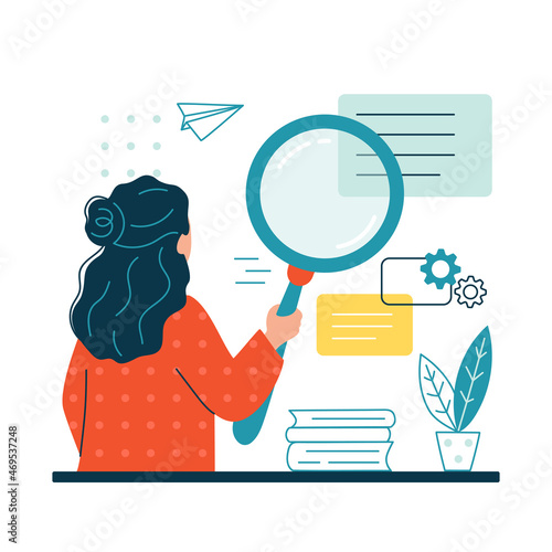 Woman holding a magnifying glass or loupe and looking for information in the database. Search, SEO or research concept. Optimization of finding websites, files. Isolated flat vector illustration.