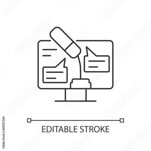 Digital oratory linear icon. Online public speaking. Virtual meeting. Online speech. Thin line customizable illustration. Contour symbol. Vector isolated outline drawing. Editable stroke