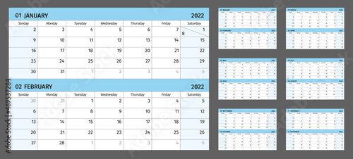 Horizontal calendar for 2022 years, 2 months on 1 page. Simple calendar grid isolated on a white background, Sunday to Monday, business template, ready for print. Vector illustration.