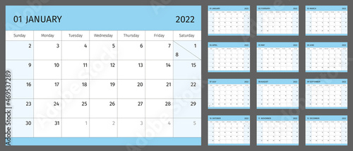 Horizontal calendar for 2022 year, 1 month on each page. Simple calendar grid isolated on a white background, Sunday to Monday, business template. Monthly calendar ready for print. Vector illustration