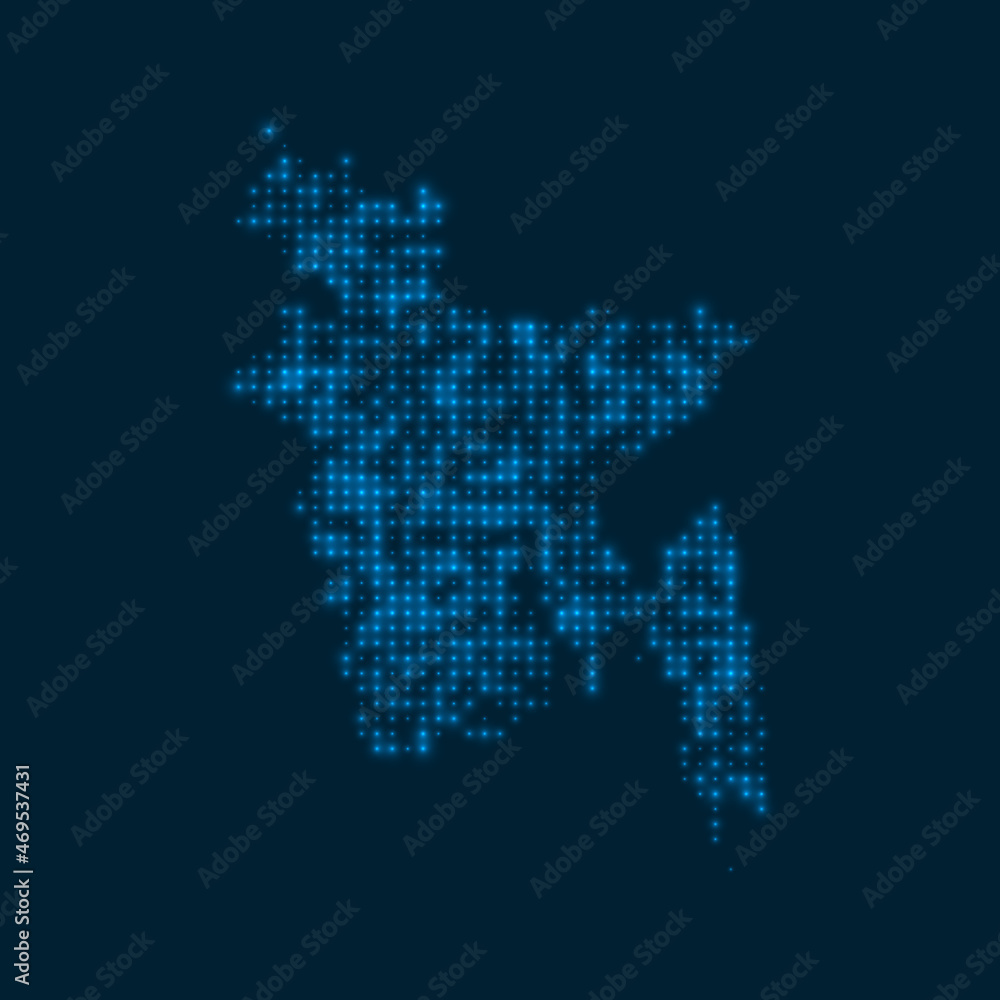 Bangladesh dotted glowing map. Shape of the country with blue bright bulbs. Vector illustration.