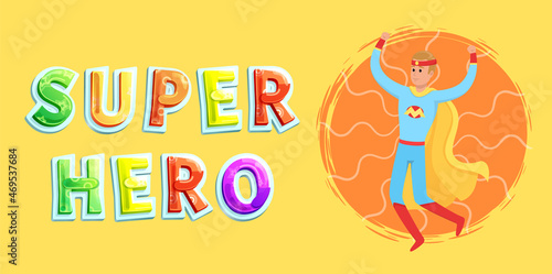 Strong super man smiles and flies to save world stretched out his hand. Brave character in superhero costume with cloak on white background. Cartoon person hurries to protects people from villains