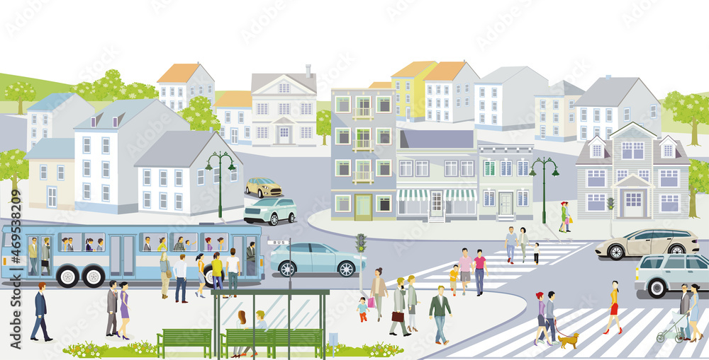 Straßenverkehr mit Linien bus, und Öffentlichen Verkehr, Ilustration