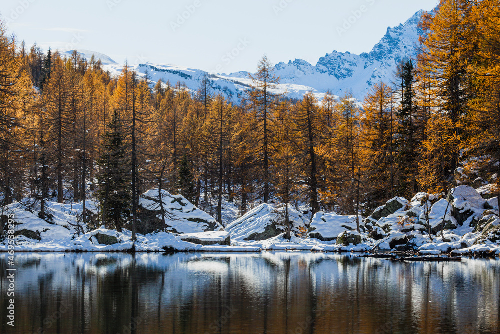 breathtaking mountain panorama with lake and larch trees