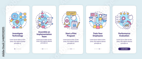 Technology implementation steps onboarding mobile app page screen. Pilot program walkthrough 5 steps graphic instructions with concepts. UI, UX, GUI vector template with linear color illustrations