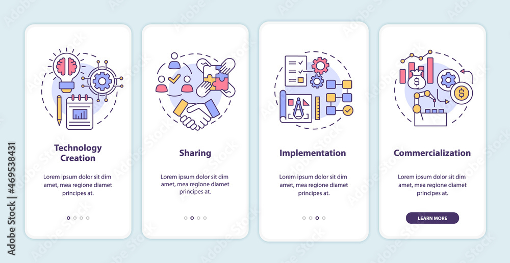 Tech transfer levels onboarding mobile app page screen. Creation and sharing walkthrough 4 steps graphic instructions with concepts. UI, UX, GUI vector template with linear color illustrations