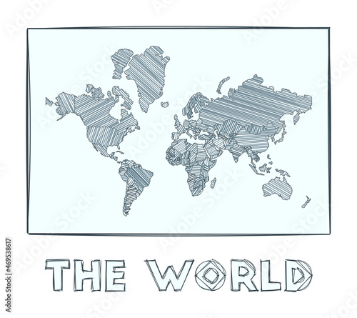 Sketch map of The World. Grayscale hand drawn map of the world. Filled regions with hachure stripes. Vector illustration.