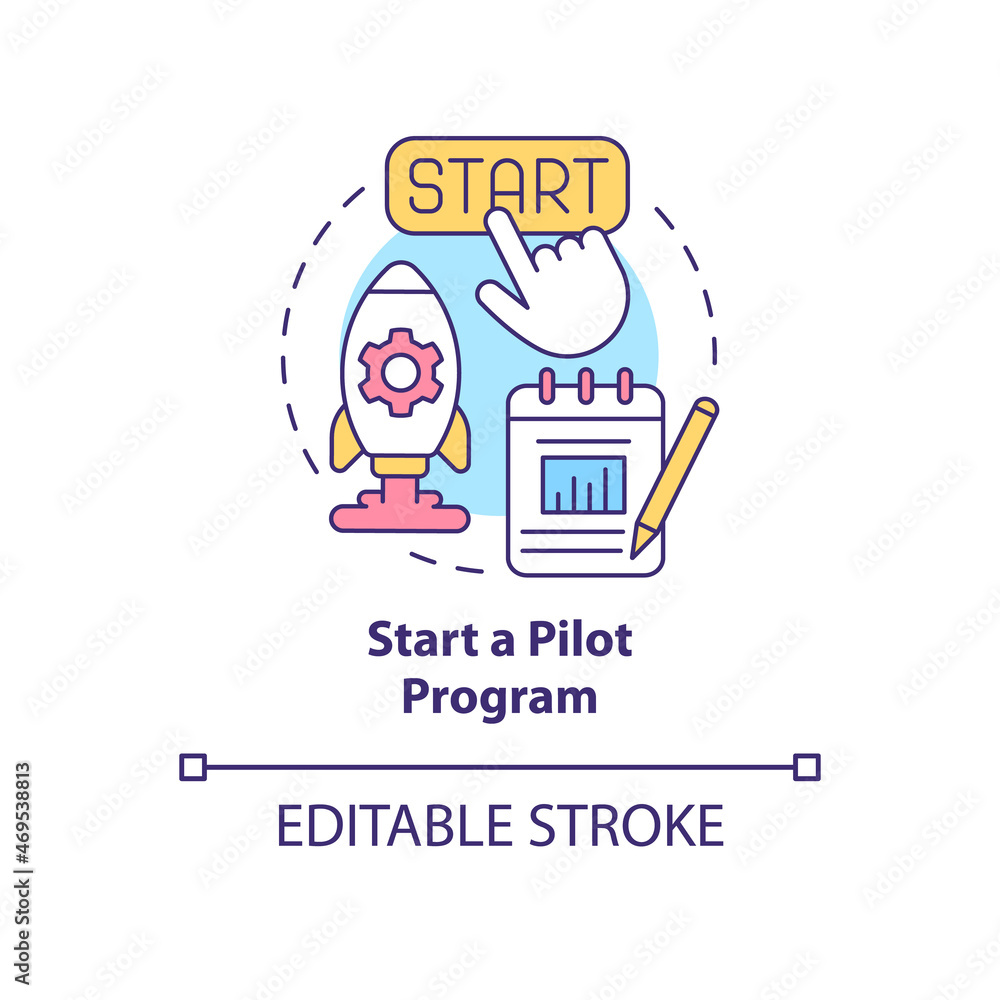 Start a pilot program concept icon. Test new technology. Launch short time project. Small scale experiment abstract idea thin line illustration. Vector isolated outline color drawing. Editable stroke Start a pilot program concept icon. Test new technology. Launch short time project. Small scale experiment abstract idea thin line illustration. Vector isolated outline color drawing. Editable stroke