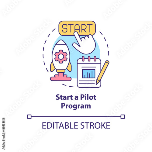 Start a pilot program concept icon. Test new technology. Launch short time project. Small scale experiment abstract idea thin line illustration. Vector isolated outline color drawing. Editable stroke